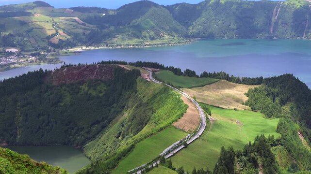 Landscape view from "Grota do Inferno" viewpoint to Santiago and Sete Cidades Lake, Sao Miguel island, Azores, Portugal