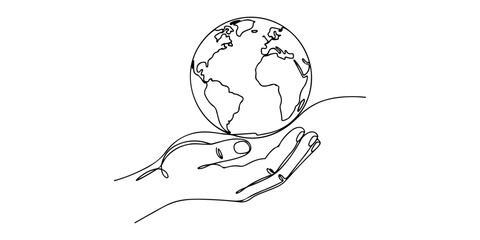 Continuous one line of a hand holding a small planet, responsibility and care theme, drawn illustration. © Haus