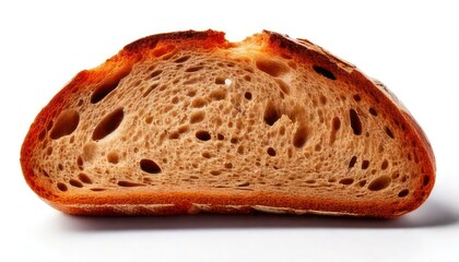 Close-up of a single slice of freshly baked artisan bread, showing texture and detail.