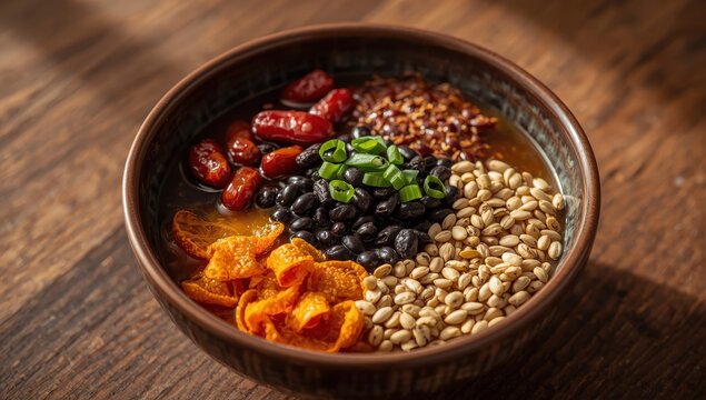 Healthy Chinese cooking idea featuring black beans and red dates in a ceramic bowl for traditional laba porridge