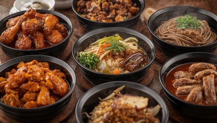 Korean cuisine includes spicy chicken wings, jajangmyeon, bibimbap, oden, and Samgyeopsal