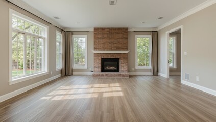 Obraz premium A spacious, bright room featuring big windows, laminate floors, and a brick fireplace, perfect for design ideas