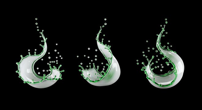 Three elegant green and white liquid splashes against a black background, with artistic curves and suspended droplets.