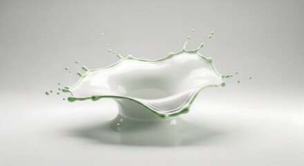 A single, dramatic white liquid splash crown with vibrant green accents and scattered droplets, frozen in time against a soft, luminous background