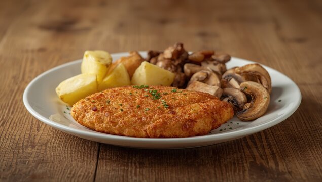Crunchy breaded chicken cutlet with fried mushrooms and boiled potatoes on a wooden table
