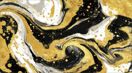 Abstract Swirling Marbling Pattern with Gold Glitter Accents in Black White and Gold Tones Elegant Fluid Design for Backdrops