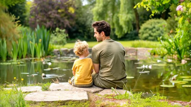 Father-Son bond by the Pond: A heartwarming moment captured as a father and son share a quiet moment together, their backs to the viewer, beside a serene pond.