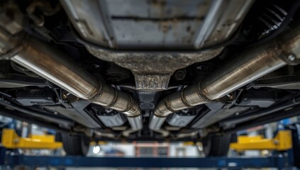 Obraz premium Detailed underside view of a car's metal exhaust muffler. Maintenance and repairs at an auto shop