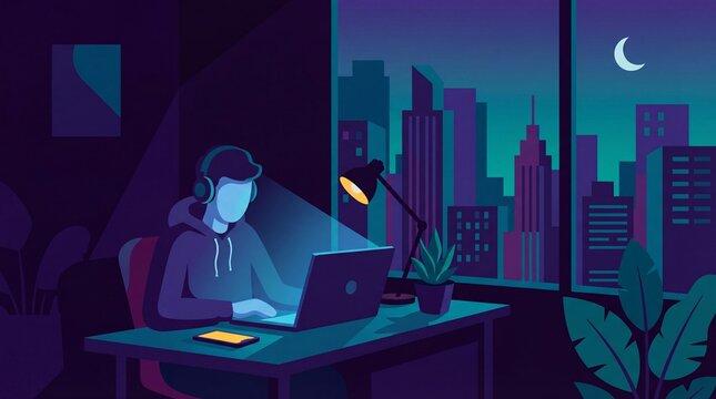 Person working on a laptop late at night in a room with a city view.