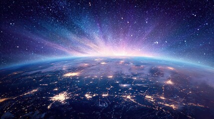 Aerial View of Earth at Night with City Lights and Celestial Glow From Space Depicting Connectivity and Technological Network in Cosmos