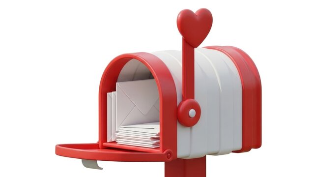 An illustration of a red and white mailbox with a heart-shaped flag. It contains white letters.