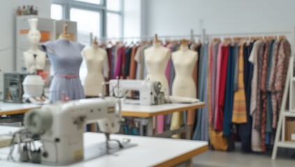 Out-of-focus scene of a fully-equipped tailoring studio with sewing machines, dress forms, and fabric, perfect for fashion design students and professionals