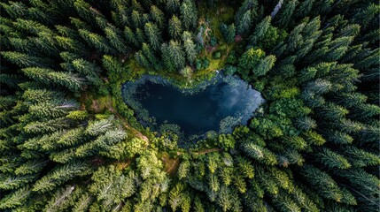 Aerial View of Heart Shaped Dark Lake Surrounded by Green Trees in Forest with Sunlight, Scenic Landscape, Serene Atmosphere, Nature Beauty