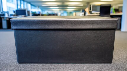 Black Glitter Box on Carpeted Floor in Office Setting with Blurry Background