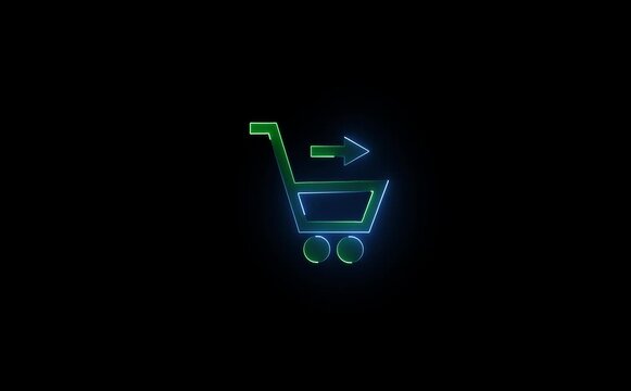 Neon green shopping cart with arrow on black background ecommerce checkout video animation online shopping.