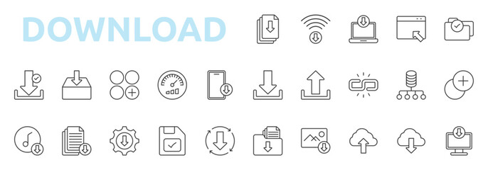 download icon outline style with file, wifi, laptop, window, folder check, download, upload, link, database network icons