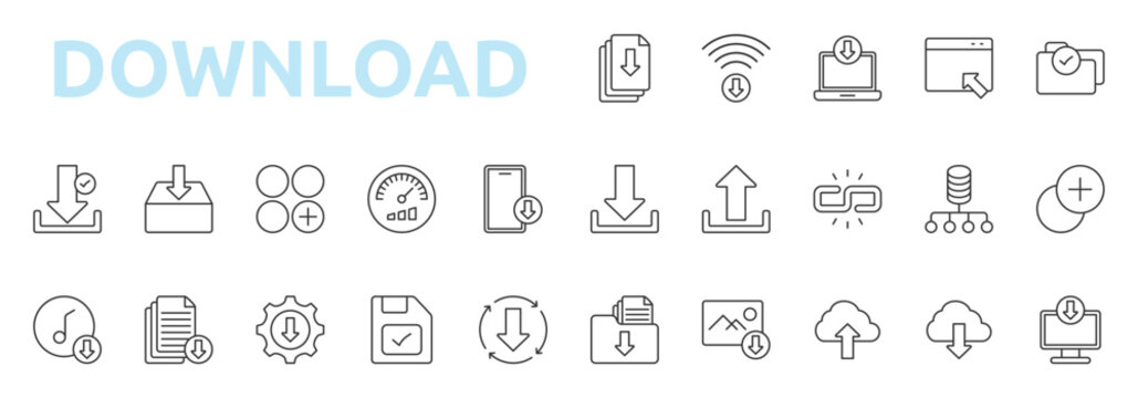 download icon outline style with file, wifi, laptop, window, folder check, download, upload, link, database network icons