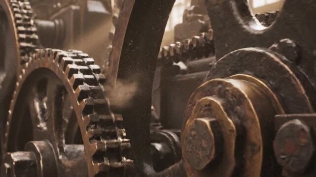 Complex machinery with interlocking gears and cogs in motion, captured from a close-up viewpoint within an industrial environment