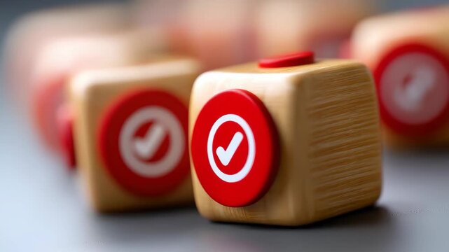 Check Mark Cubes: A close-up view of wooden cubes with check marks, symbolizing choices, decisions, or approval in a clean and organized manner.