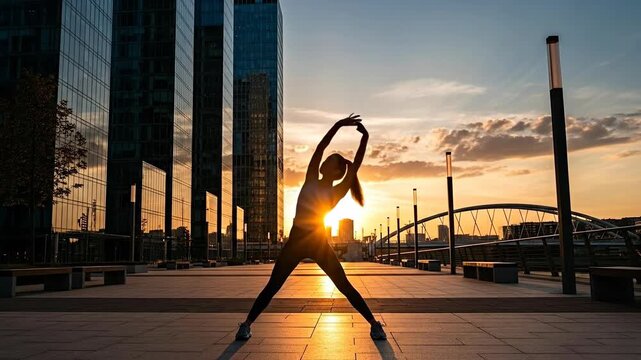 A silhouetted dancer stretches against a vibrant sunset in an urban setting.