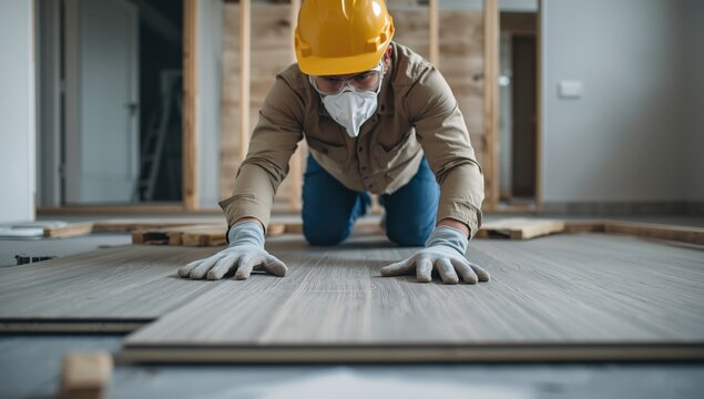 A man installs laminate boards in a house renovation, working on a smooth base for correct placement