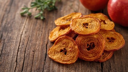 Fototapeta premium Dried apple chips, a nutritious and delicious ingredient, ideal for appetizers or as a main dish, suitable for keto and paleo diets, and appealing for rustic table settings