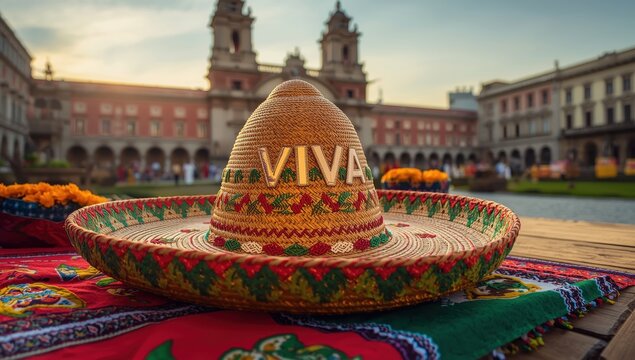 A straw sombrero adorned with red and green, featuring "viva," for Independence Day celebrations in the zocalo of Mexico