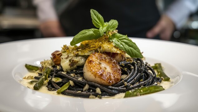 Detail of squid ink tagliolini with scallop sauce, mullet roe, zucchini cream, garlic, and basil, served by a professional chef on a white plate