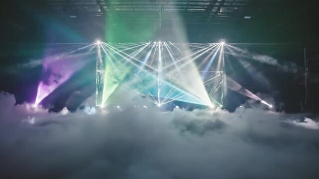Aerial view of a concert stage with laser beams and fog machines creating a dynamic atmosphere