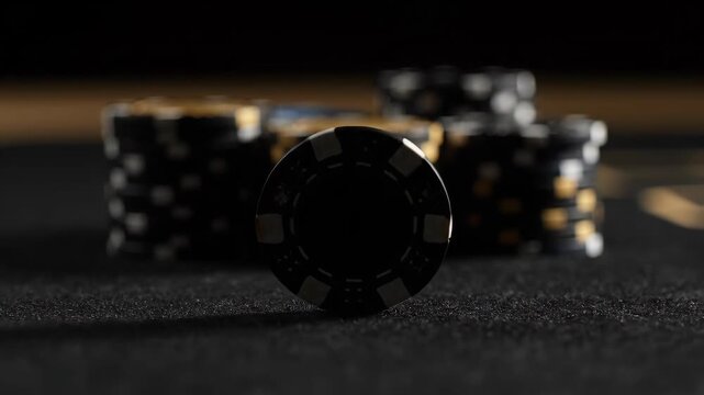 Black poker chip spinning on casino table. Atmosphere of suspense, gambling, risk, and high-stakes games