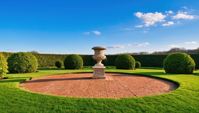 An exquisite formal garden with a circular brick path to an ornate urn, bordered by neatly trimmed round topiaries on a vibrant lawn. Elegant setting