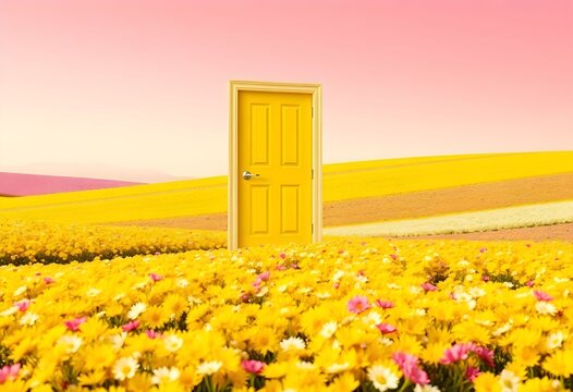 A bright yellow door stands alone in a vibrant field of flowers under a soft pink sky viewed from the front