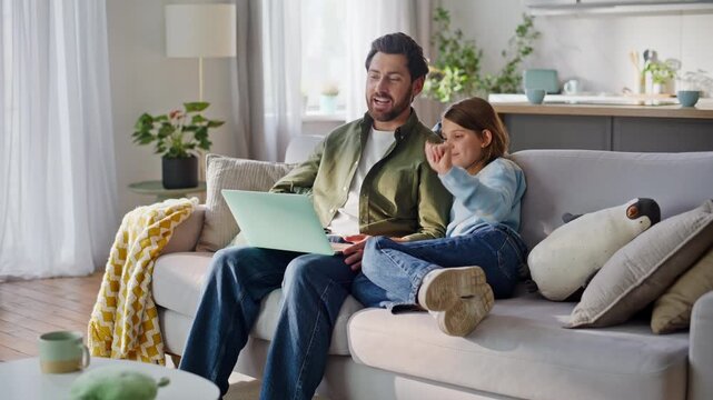 Man daughter waving webcam tablet greeting relatives at online meeting home. 