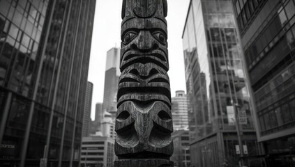 Black and white totem pole by Seattle's downtown