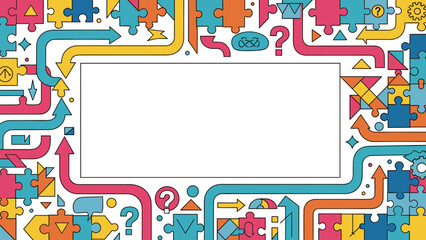 Naklejka premium Colorful puzzle pieces and symbols border with question marks and arrows on for infographic or presentation
