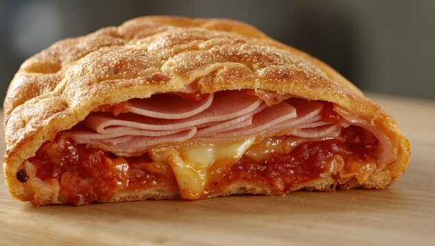A detailed shot of a newly baked ham, cheese, and tomato sauce calzone