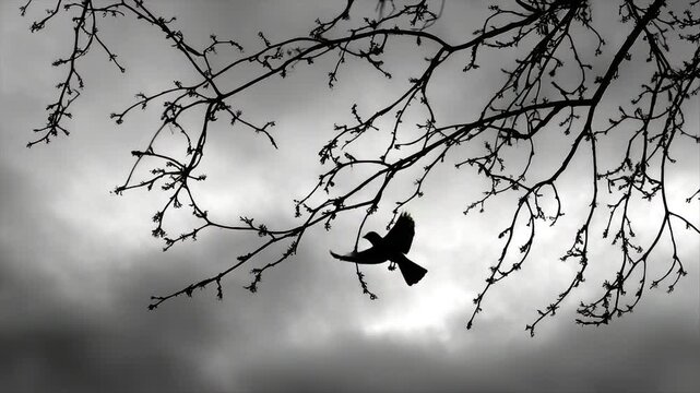 Silhouette of a bird in flight, framed by tree branches against a cloudy, monochrome sky