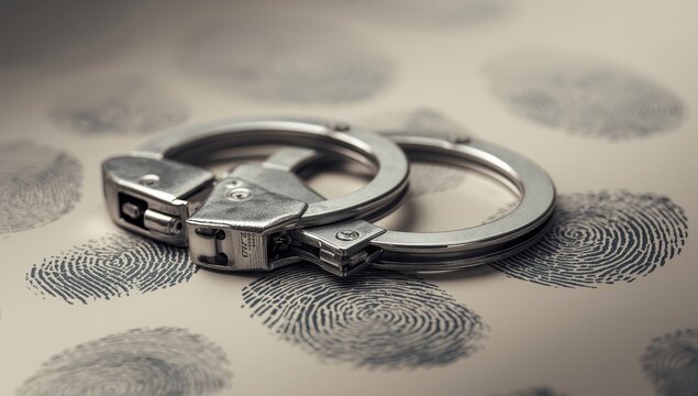 Close-up of handcuffs and fingerprints