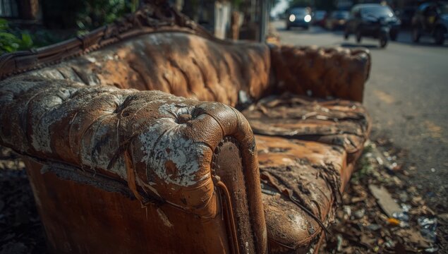 Close-up of soiled, abandoned sofas on a Thai roadside, with selective focus