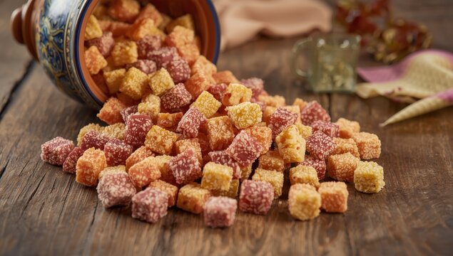 Colorful Turkish delights, including kuş lokumu, poured from a bowl onto a wooden table
