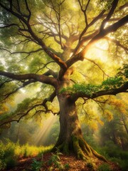 Fototapeta premium Warm sunlight pours through a leafy forest canopy onto a majestic oak tree with gnarled branches and vibrant foliage