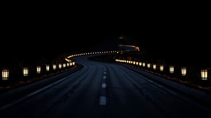 Empty highway at night with glowing street lamps, long exposure, dark moody road, travel journey concept