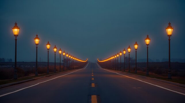 Empty twilight road with glowing lanterns leading into horizon at dusk, serene journey concept