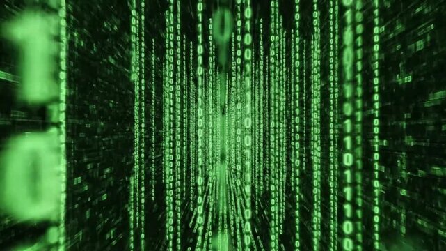 Binary code streams flowing down a digital tunnel with glowing green numbers and blurred motion effects from a close-up viewpoint