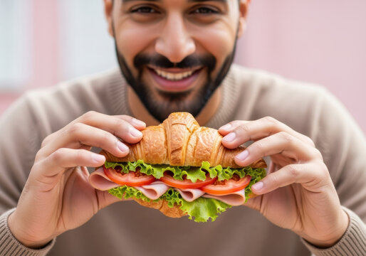 Smiling young man holding fresh croissant sandwich with ham lettuce and tomato close to face enjoying casual meal and healthy lunch outdoors on bright day