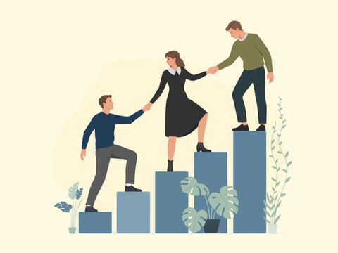 Three individuals collaborating and supporting each other while ascending steps of success, symbolizing teamwork and the journey of progress in personal and professional development.