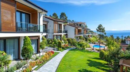 Fototapeta premium Luxury summer resort exterior with minimalist design and ocean view. concept of scenic vacation destination, elegant architecture, relaxing getaway