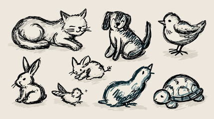 Fototapeta premium Hand-drawn sketch illustration set of cute baby animals including cat, dog, rabbit, birds, and turtle in a charming doodle style.