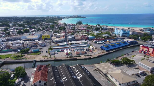 Bridgetown aerial view including Careenage (Constitution River), Parliament building and St. Michael's Cathedral in downtown Bridgetown, Barbados. Historic Bridgetown and its Garrison is a UNESCO Worl