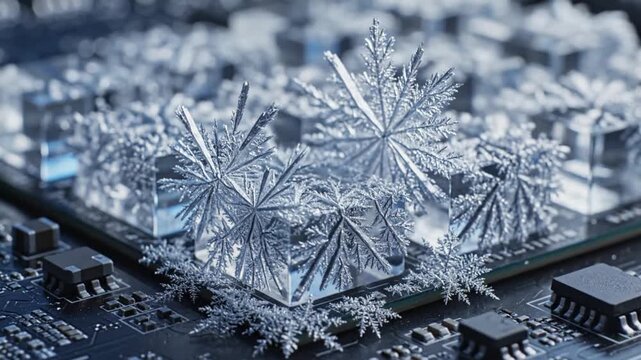 Intricate snowflakes delicately settle on a complex circuit board, capturing a serene winter scene from a close-up viewpoint.